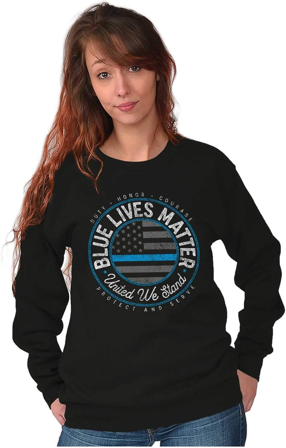 image:imageBrisco Brands United We Stand Blue Line USA Flag Sweatshirt for Men or WomenBlack