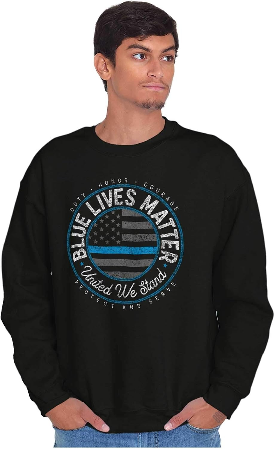 image:imageBrisco Brands United We Stand Blue Line USA Flag Sweatshirt for Men or WomenBlack