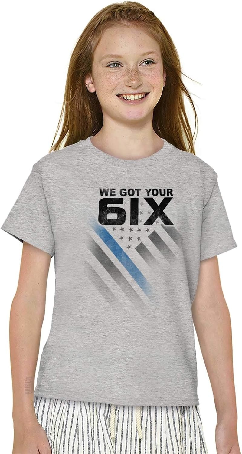 image:imageBrisco Brands We Got Your Six Blue Line USA Flag Crewneck T Shirts Boy GirlSport Grey