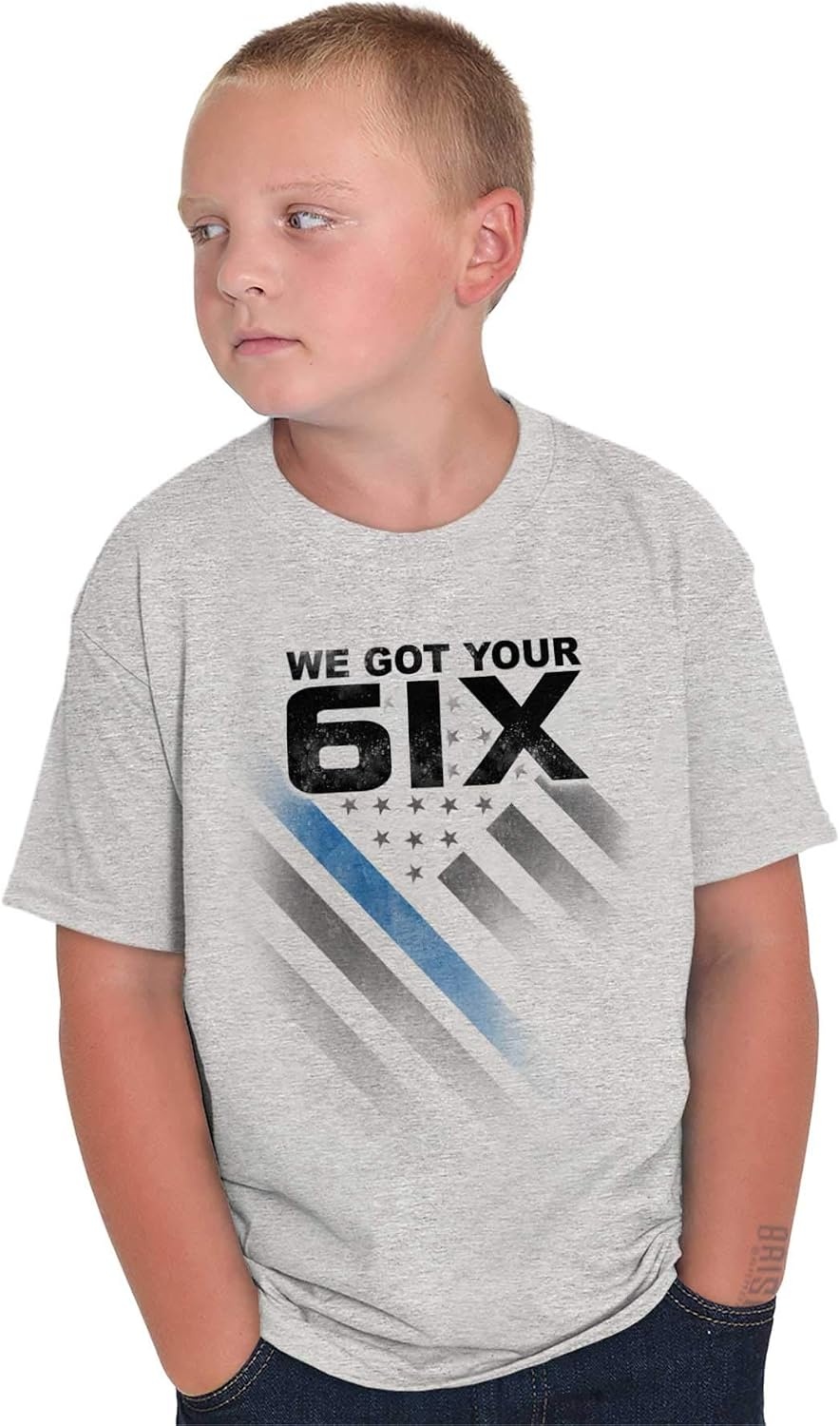image:imageBrisco Brands We Got Your Six Blue Line USA Flag Crewneck T Shirts Boy GirlSport Grey