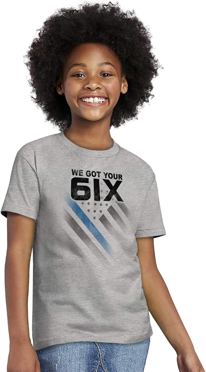 image:imageBrisco Brands We Got Your Six Blue Line USA Flag Crewneck T Shirts Boy GirlSport Grey