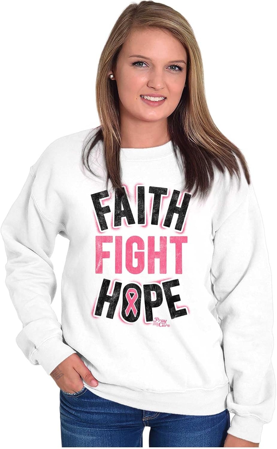 image:imageClassic Teaze Faith Fight Hope Breast Cancer Aware Women Crewneck SweatshirtWhite