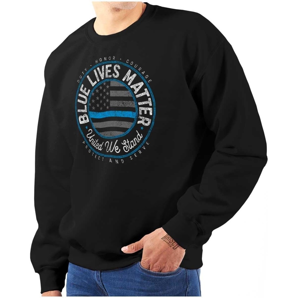 image:imageBrisco Brands United We Stand Blue Line USA Flag Sweatshirt for Men or WomenBlack