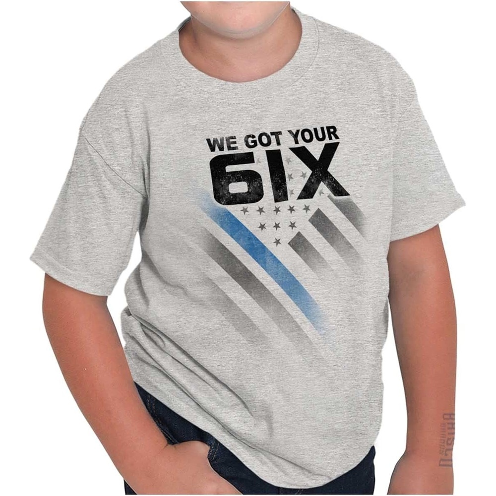 image:imageBrisco Brands We Got Your Six Blue Line USA Flag Crewneck T Shirts Boy GirlSport Grey