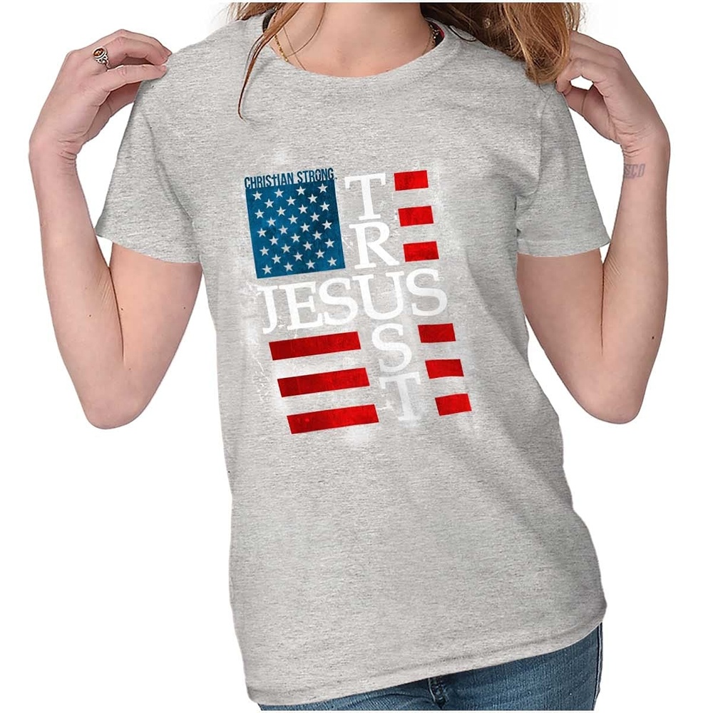 image:imageTrust Jesus USA American Flag Cross Womens Slim Fit Graphic Tee