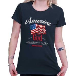 America God Shed Grace On Thee Womens Slim Fit Graphic Tee Navy