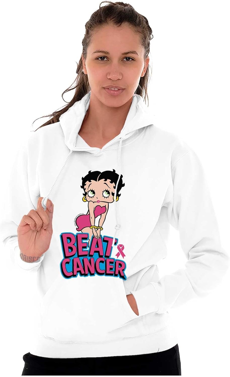 image:imageBetty Boop Beat Breast Cancer Ribbon Hoodie Sweatshirt WomenWhite