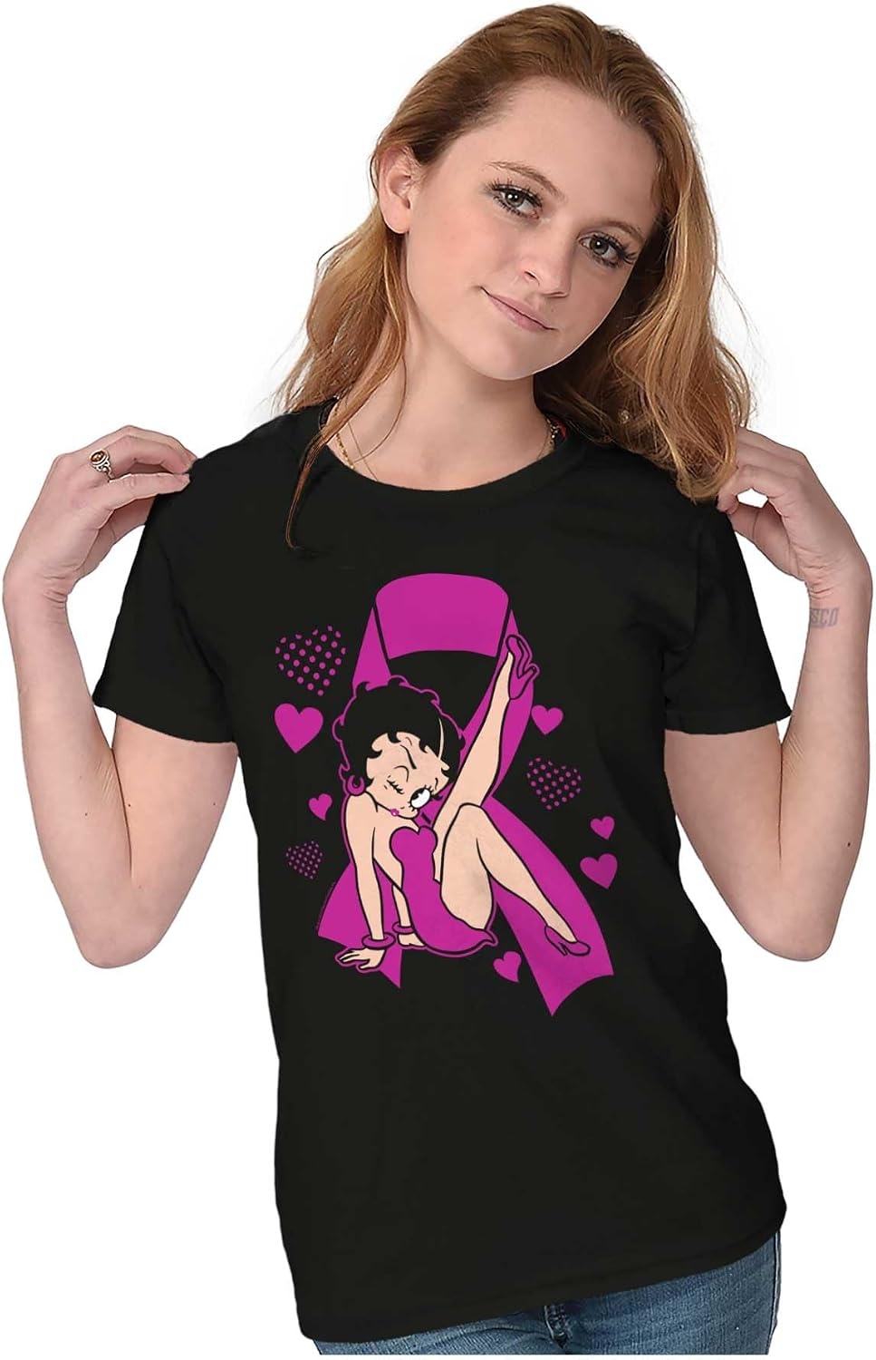 image:imageBetty Boop Breast Cancer Pink Ribbon Womens Slim Fit Graphic TeeBlack