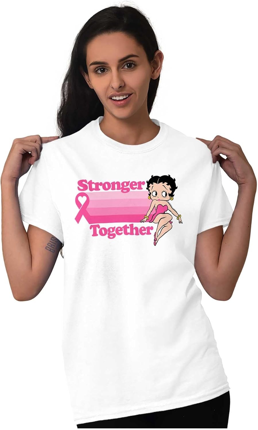 image:imageBrisco Brands Betty Pink Ribbon Stronger Together Womens Graphic T Shirt TeesWhite