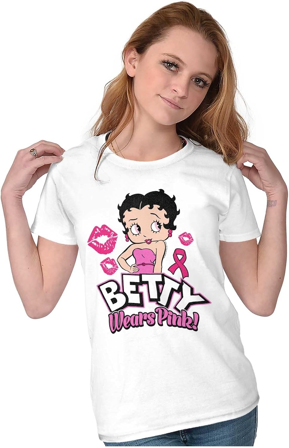 image:imageBrisco Brands Breast Cancer Betty Wears Pink Ribbon Womens Slim Fit Graphic TeeWhite