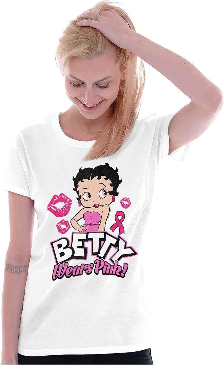 image:imageBrisco Brands Breast Cancer Betty Wears Pink Ribbon Womens Slim Fit Graphic TeeWhite