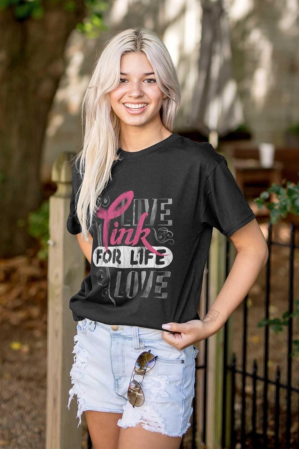 image:imageBrisco Brands Breast Cancer Pink for Life Ribbon Womens Graphic T Shirt TeesBlack
