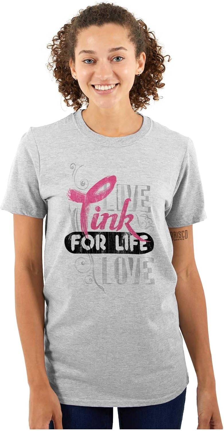 image:imageBrisco Brands Breast Cancer Pink for Life Ribbon Womens Graphic T Shirt TeesSport Grey