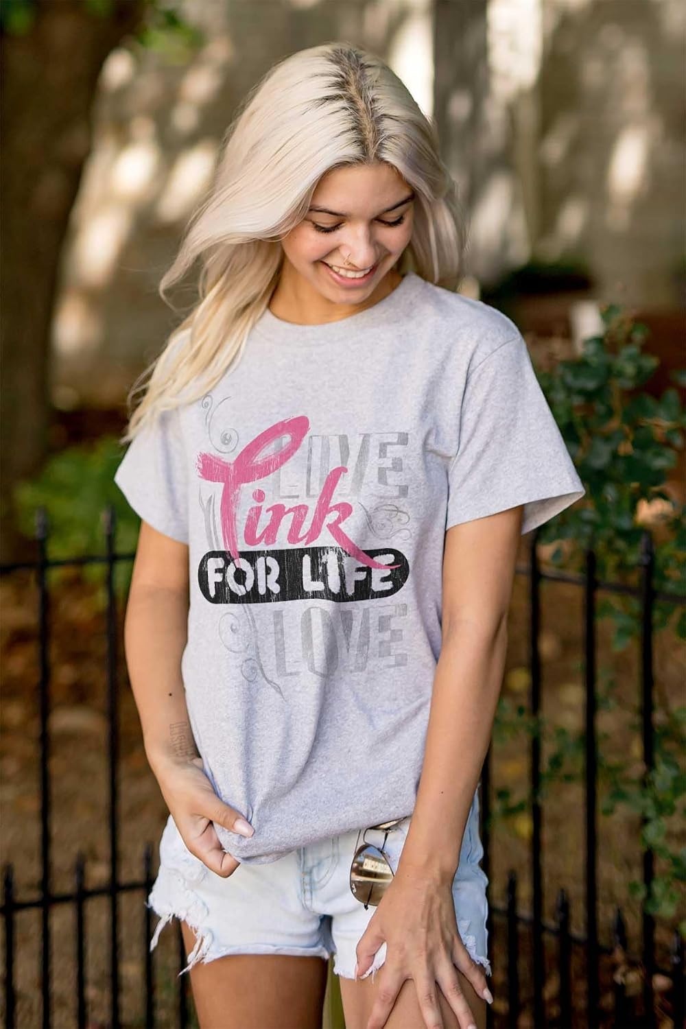 image:imageBrisco Brands Breast Cancer Pink for Life Ribbon Womens Graphic T Shirt TeesSport Grey