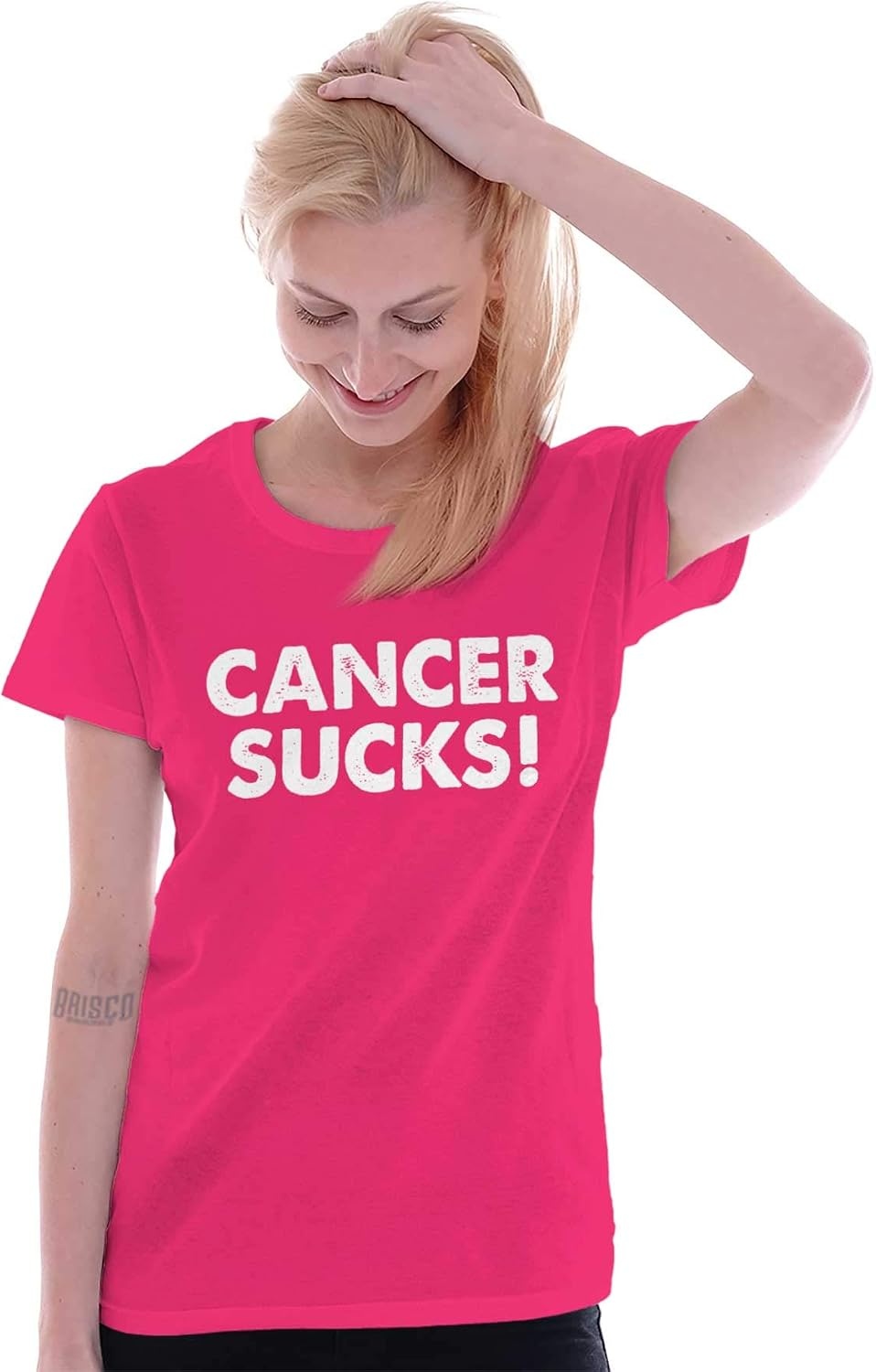 image:imageBrisco Brands Cancer Sucks Breast Awareness Quote Womens Slim Fit Graphic Tee Heliconia