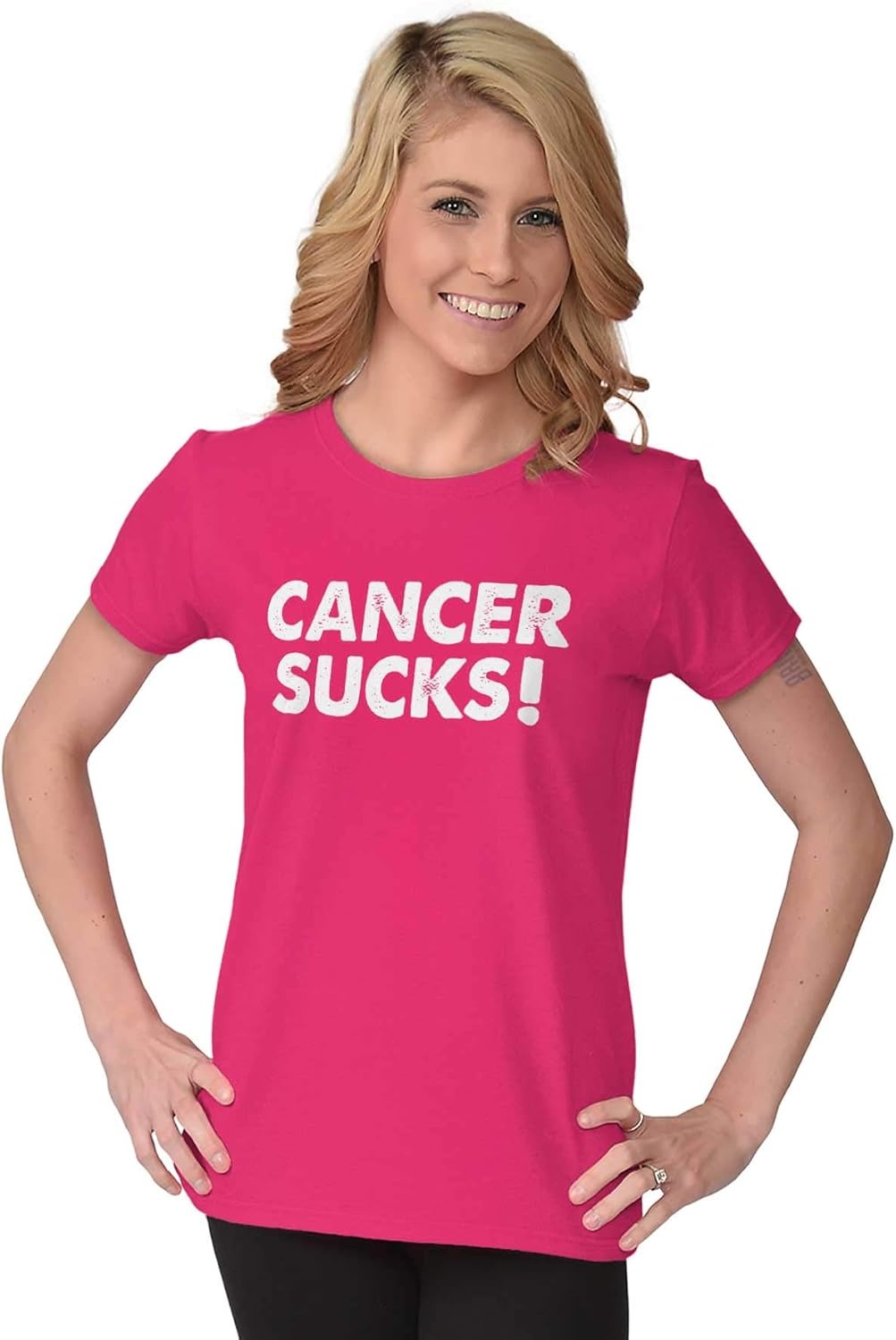 image:imageBrisco Brands Cancer Sucks Breast Awareness Quote Womens Slim Fit Graphic Tee Heliconia