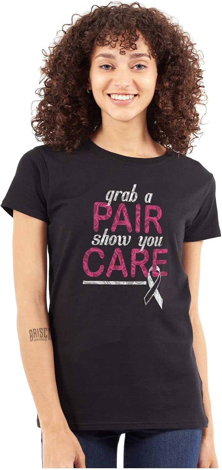 image:imageBrisco Brands Grab Pair Show You Care Pink Ribbon Womens Slim Fit Graphic TeeBlack