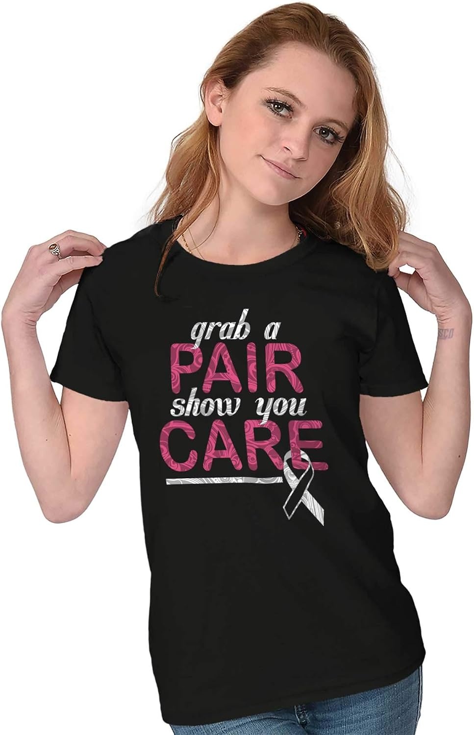 image:imageBrisco Brands Grab Pair Show You Care Pink Ribbon Womens Slim Fit Graphic TeeBlack