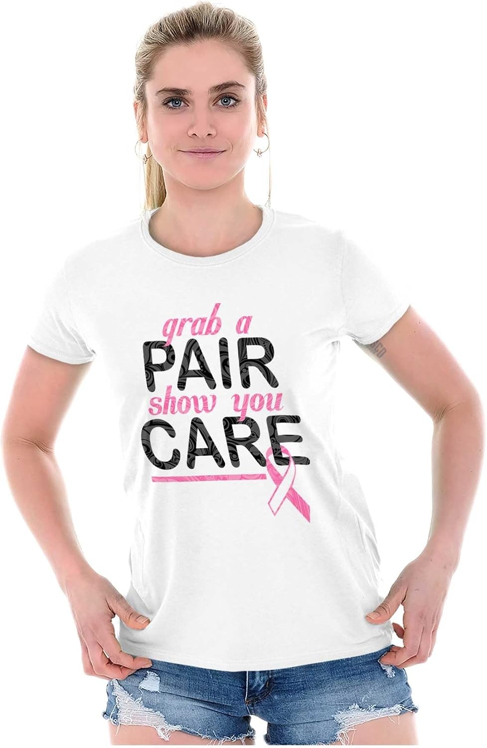 image:imageBrisco Brands Grab Pair Show You Care Pink Ribbon Womens Slim Fit Graphic TeeWhite
