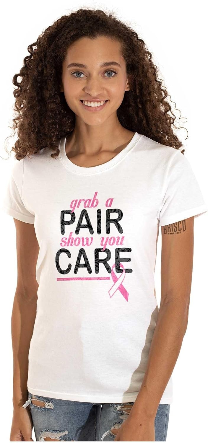 image:imageBrisco Brands Grab Pair Show You Care Pink Ribbon Womens Slim Fit Graphic TeeWhite