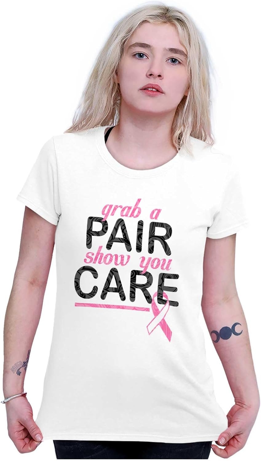 image:imageBrisco Brands Grab Pair Show You Care Pink Ribbon Womens Slim Fit Graphic TeeWhite