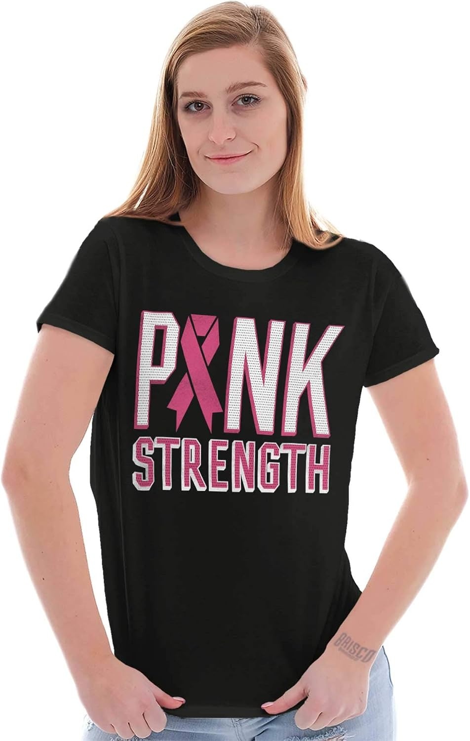 image:imageBrisco Brands Pink Strength Breast Cancer Awareness Womens Slim Fit Graphic TeeBlack