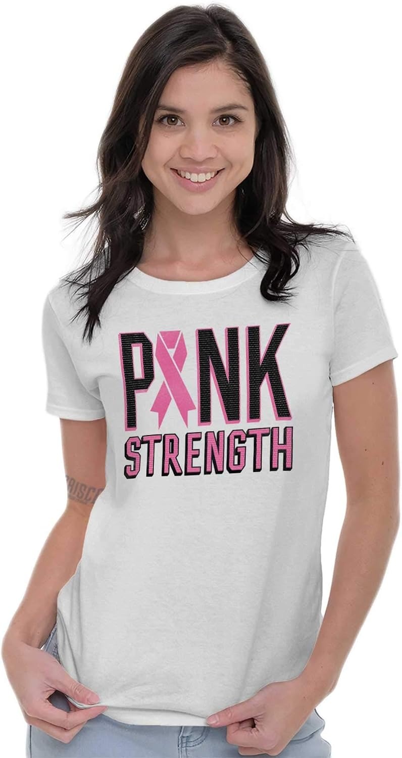 image:imageBrisco Brands Pink Strength Breast Cancer Awareness Womens Slim Fit Graphic TeeWhite