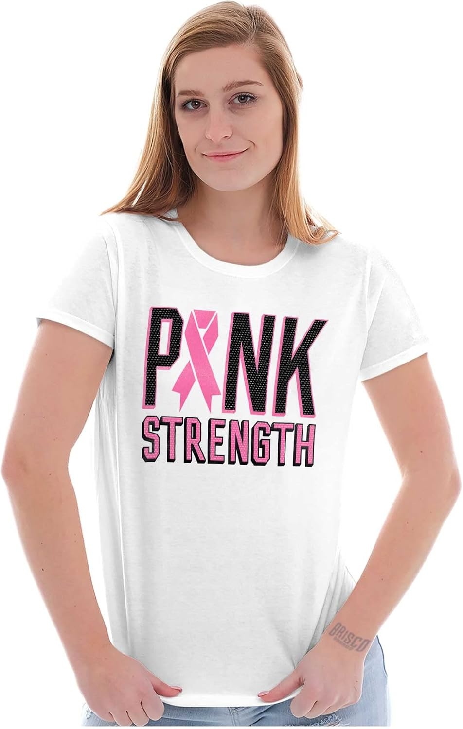 image:imageBrisco Brands Pink Strength Breast Cancer Awareness Womens Slim Fit Graphic TeeWhite