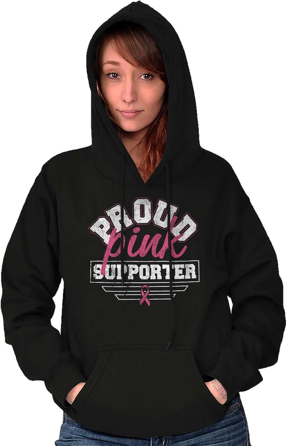 image:imageBrisco Brands Proud Pink Ribbon Cancer Supporter Hoodie Sweatshirt WomenBlack