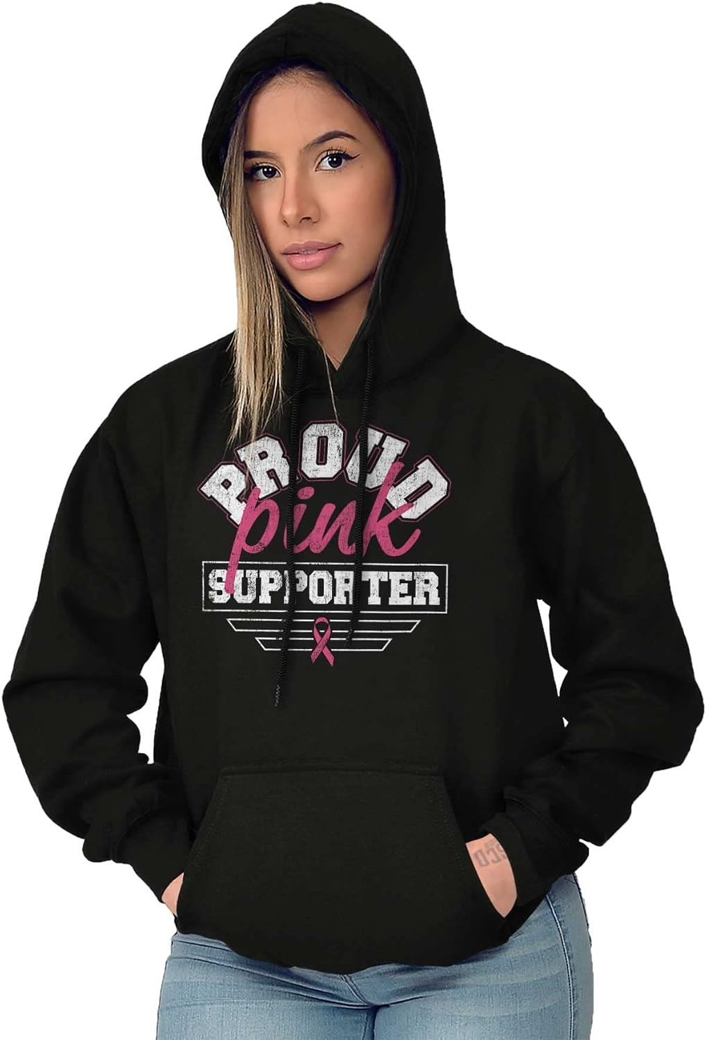 image:imageBrisco Brands Proud Pink Ribbon Cancer Supporter Hoodie Sweatshirt WomenBlack