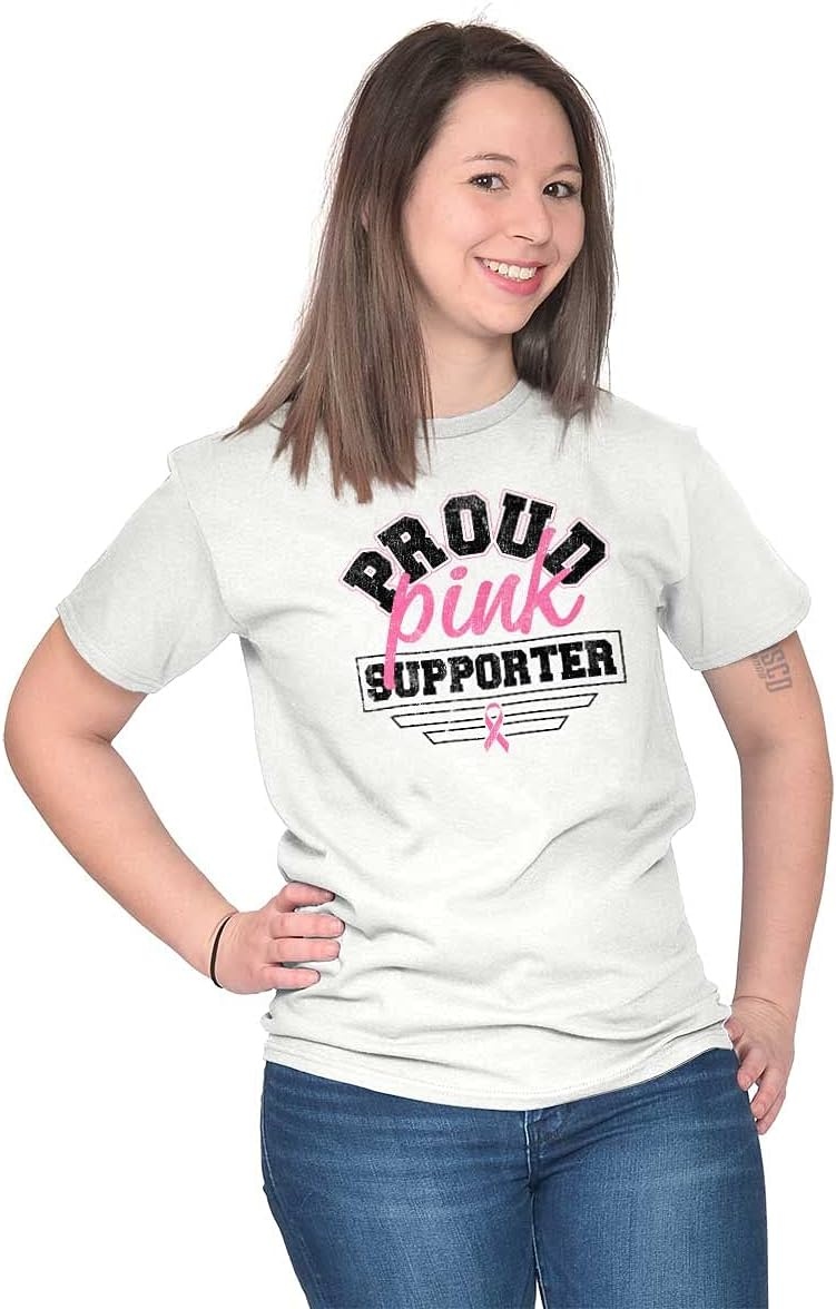 image:imageBrisco Brands Proud Pink Ribbon Cancer Supporter Womens Graphic T Shirt TeesWhite