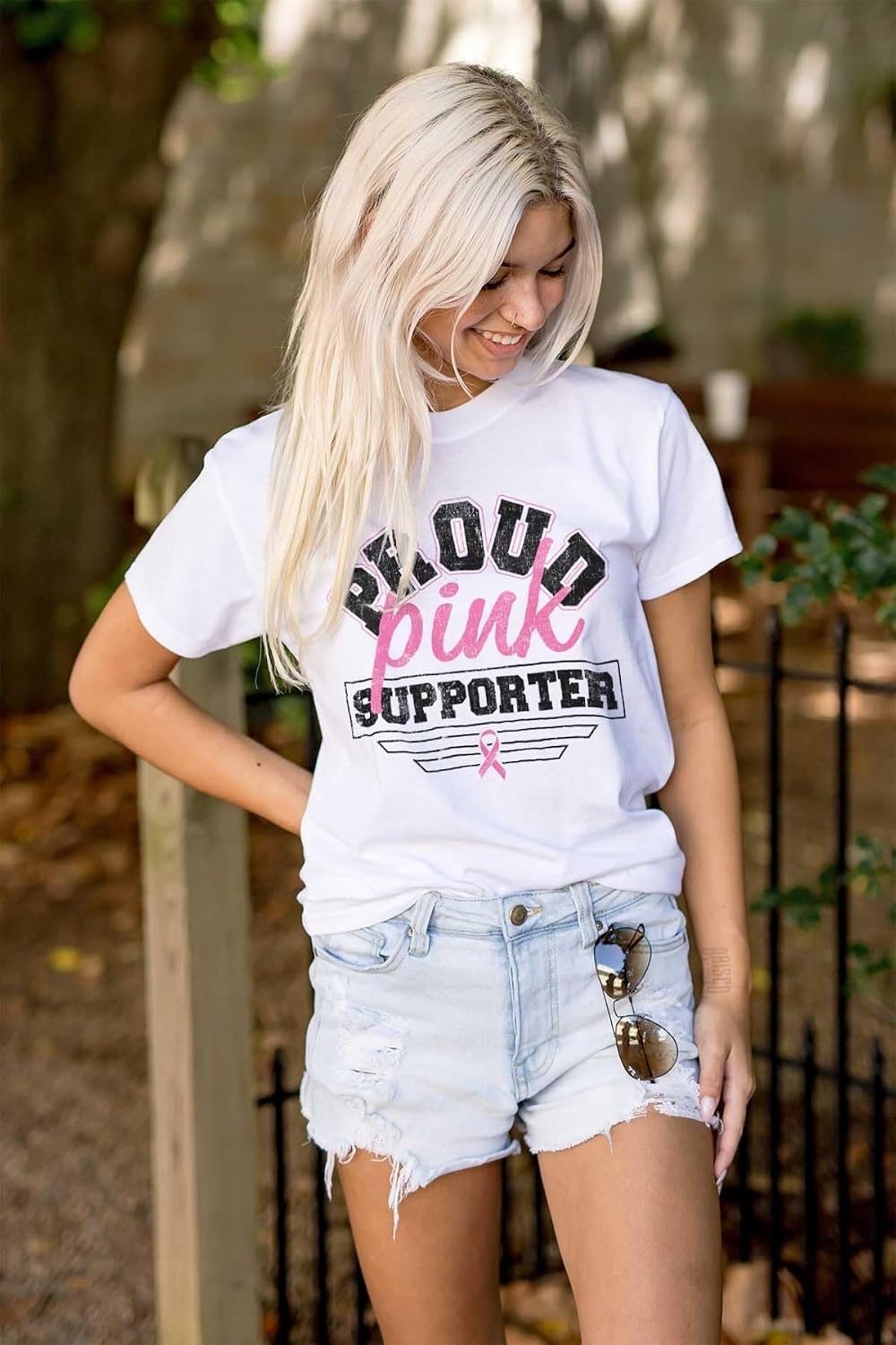 image:imageBrisco Brands Proud Pink Ribbon Cancer Supporter Womens Graphic T Shirt TeesWhite