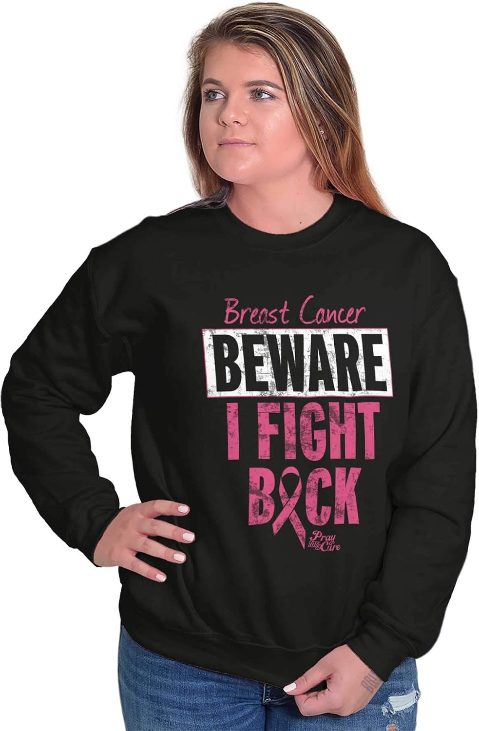 image:imageClassic Teaze Beware Fight Back Breast Cancer Pink Women Crewneck SweatshirtBlack