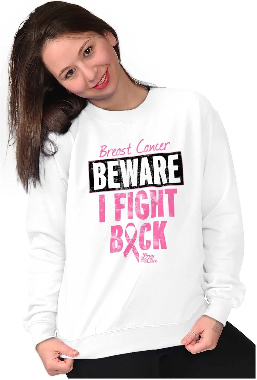 image:imageClassic Teaze Beware Fight Back Breast Cancer Pink Women Crewneck SweatshirtWhite