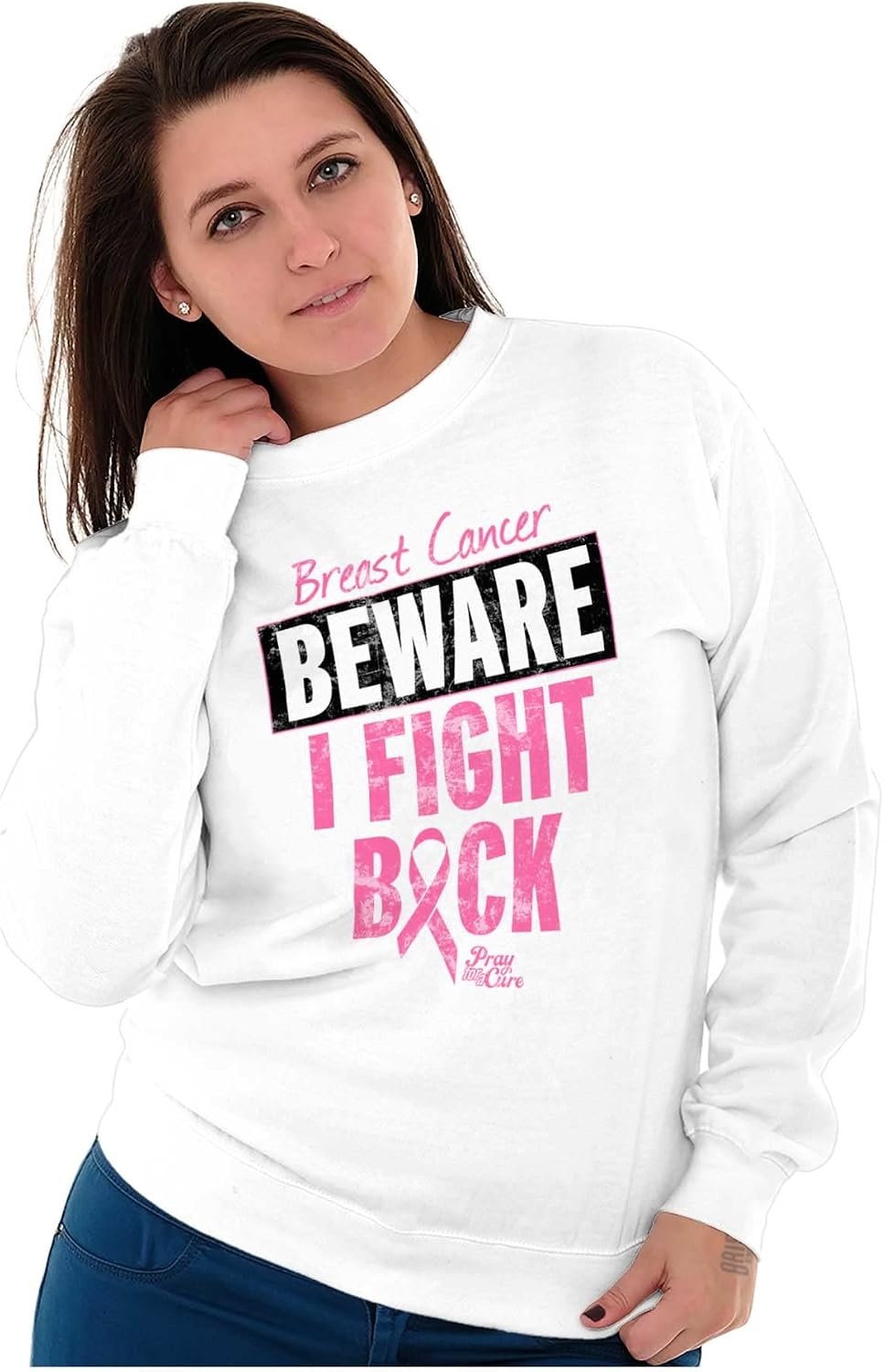 image:imageClassic Teaze Beware Fight Back Breast Cancer Pink Women Crewneck SweatshirtWhite