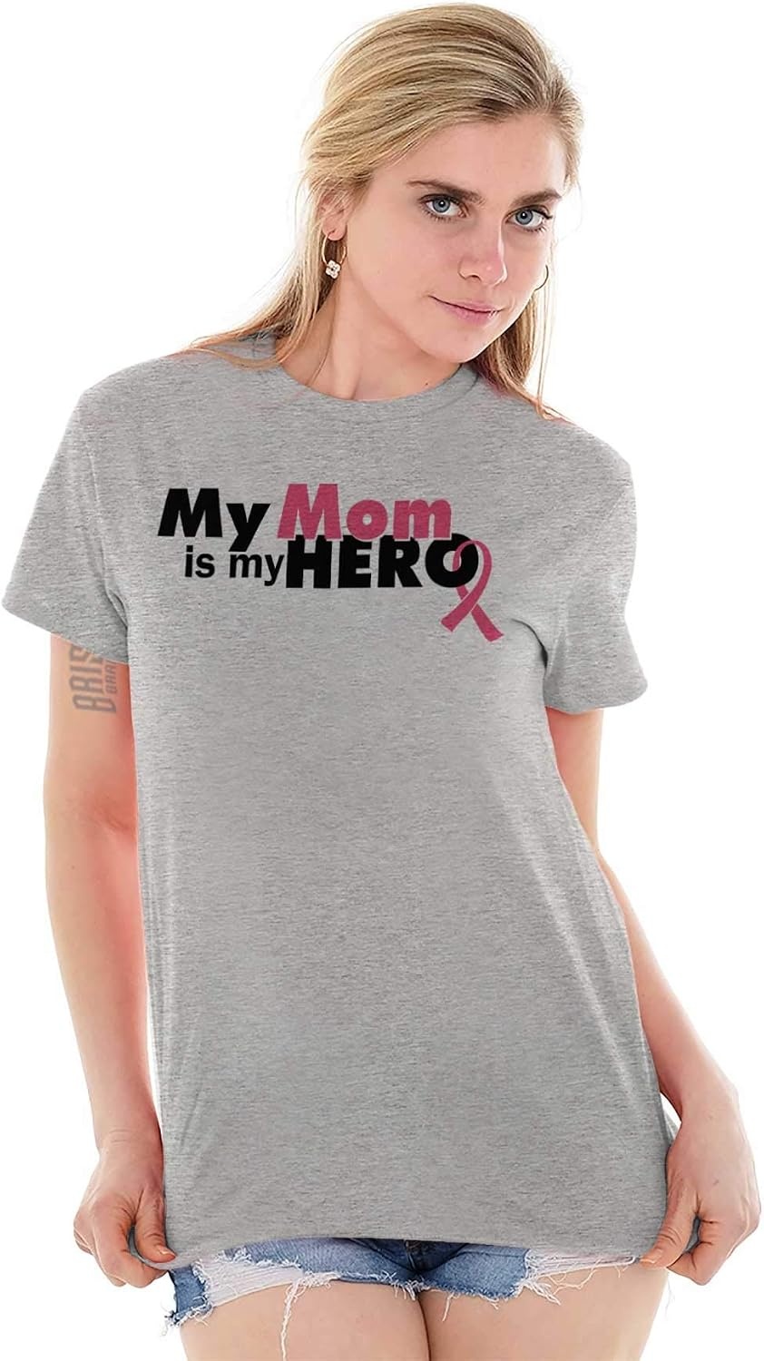 image:imageClassic Teaze My Mom My Hero Breast Cancer Ribbon Womens Graphic T Shirt TeesSport Grey