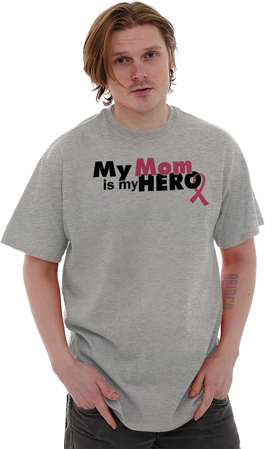 image:imageClassic Teaze My Mom My Hero Breast Cancer Ribbon Womens Graphic T Shirt TeesSport Grey