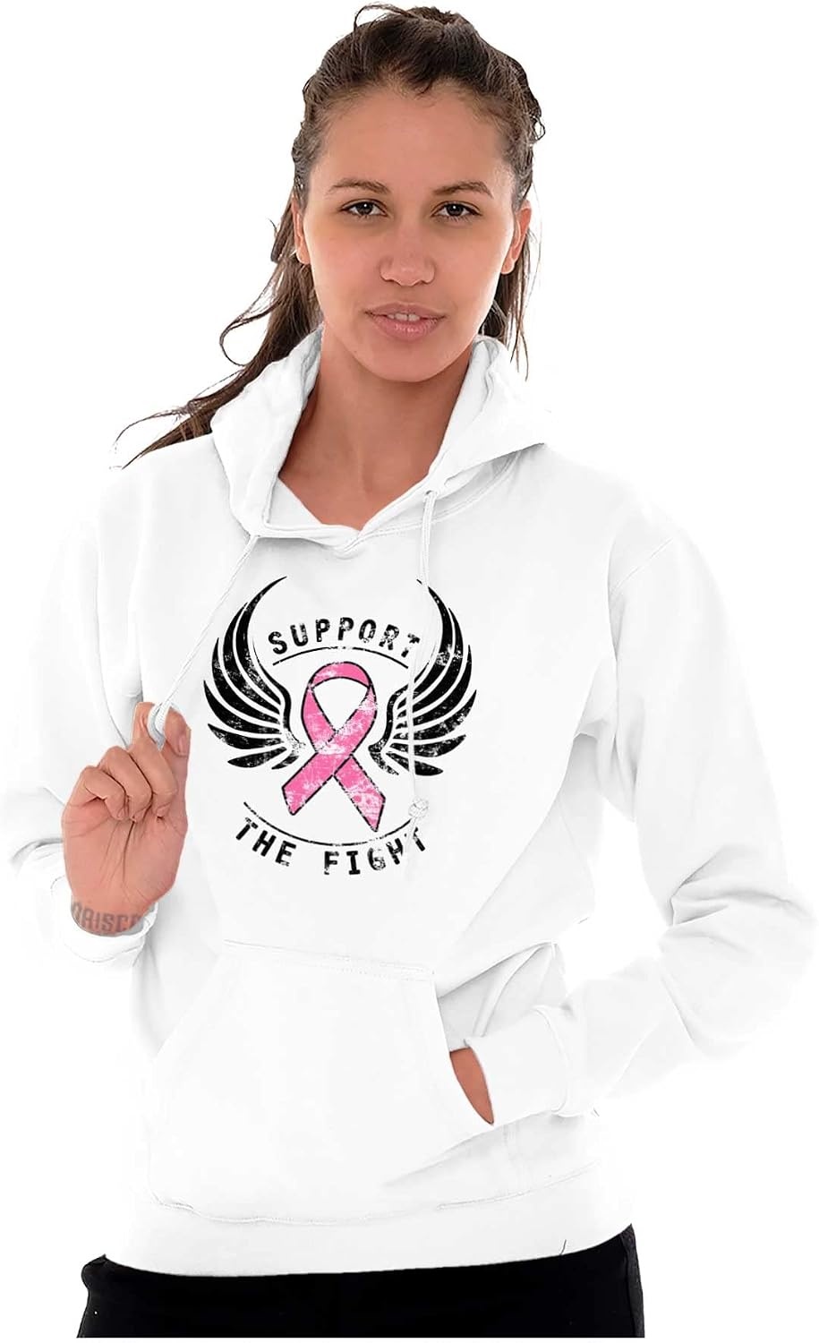 image:imageSupport The Fight Breast Cancer Pink Hoodie Sweatshirt WomenWhite