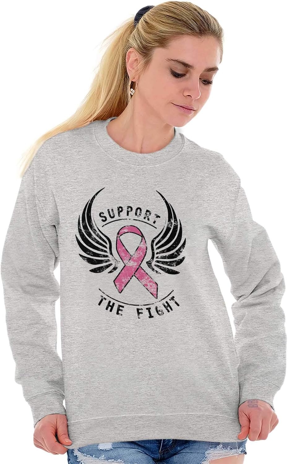image:imageSupport The Fight Breast Cancer Pink Women Crewneck SweatshirtSport Grey