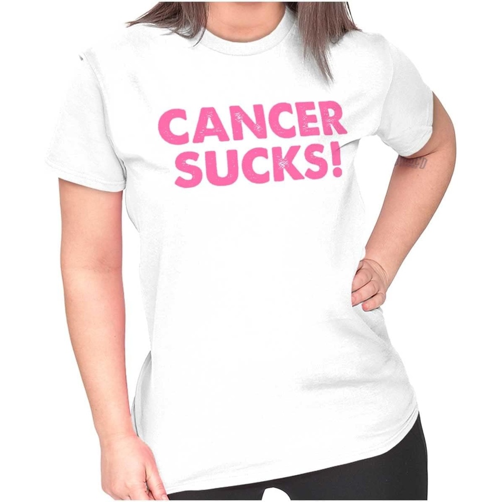 image:imageBrisco Brands Cancer Sucks Breast Awareness Quote Womens Slim Fit Graphic TeeWhite