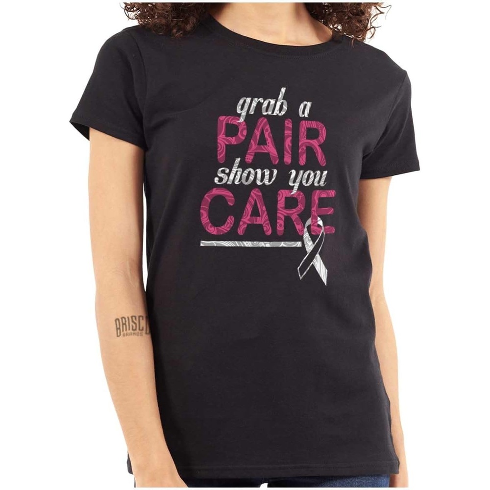 image:imageBrisco Brands Grab Pair Show You Care Pink Ribbon Womens Slim Fit Graphic TeeBlack