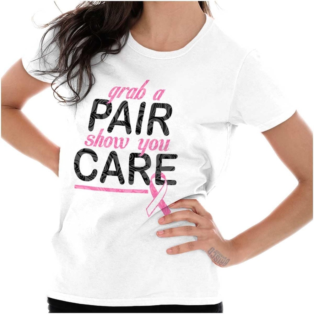 image:imageBrisco Brands Grab Pair Show You Care Pink Ribbon Womens Slim Fit Graphic TeeWhite