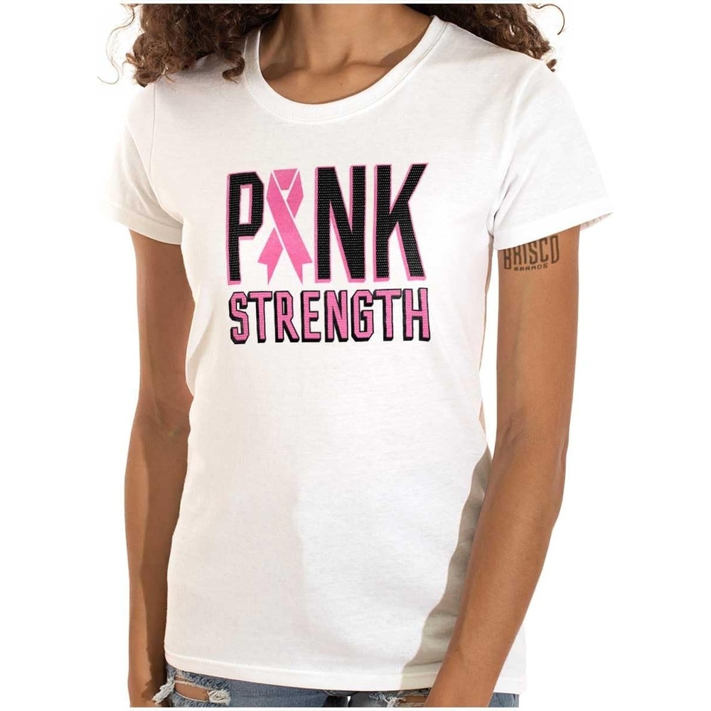 image:imageBrisco Brands Pink Strength Breast Cancer Awareness Womens Slim Fit Graphic TeeWhite