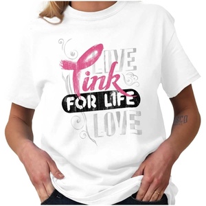 Brisco Brands Breast Cancer Pink for Life Ribbon Womens Graphic T Shirt Tees(White)