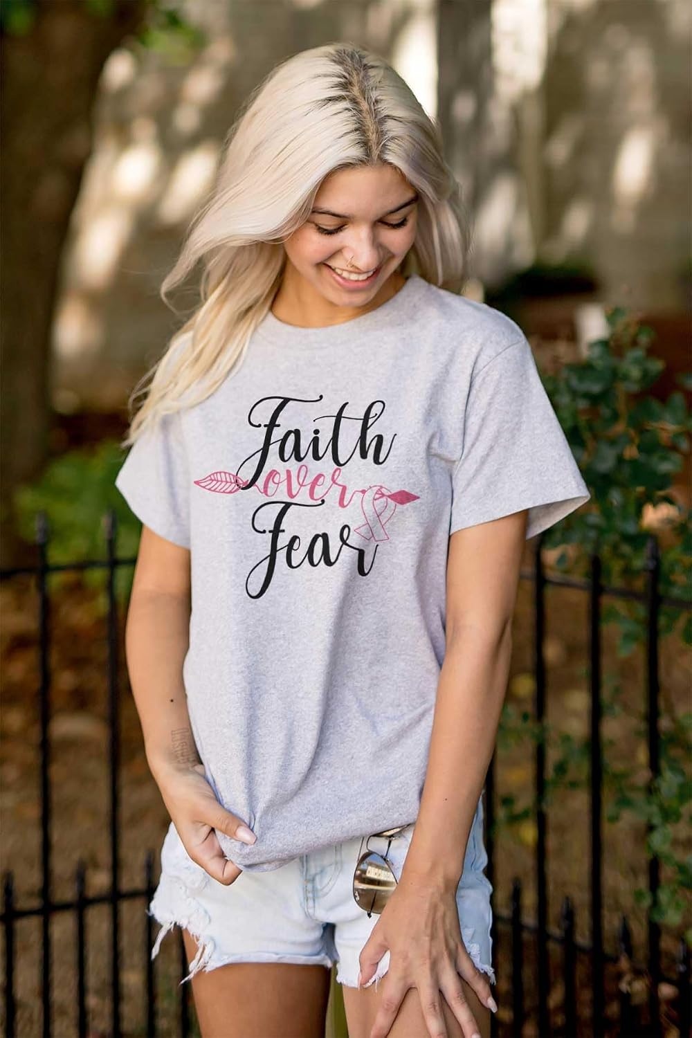 image:imageBreast Cancer Faith Over Fear Fight Womens Graphic T Shirt TeesSport Grey