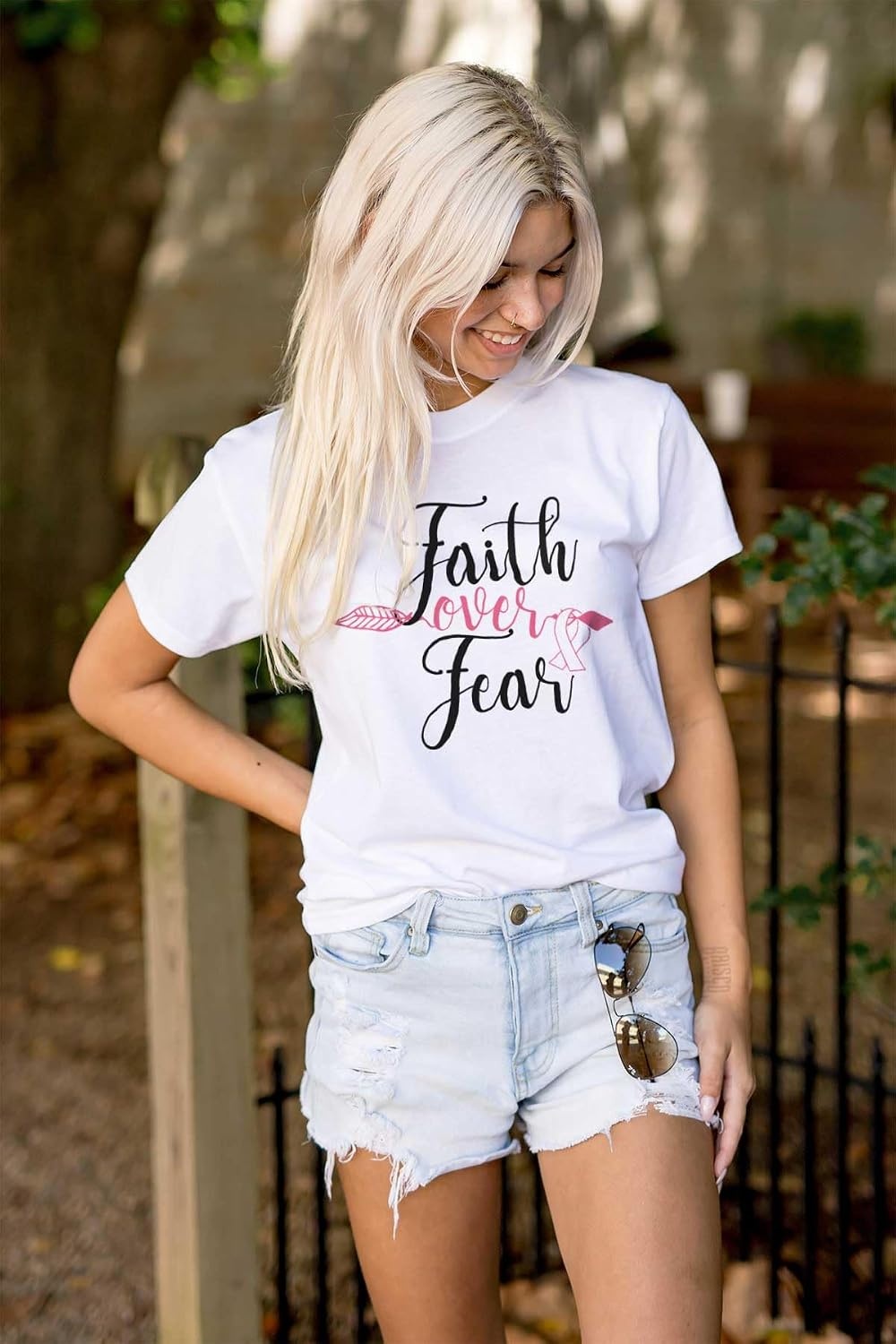 image:imageBreast Cancer Faith Over Fear Fight Womens Graphic T Shirt TeesWhite
