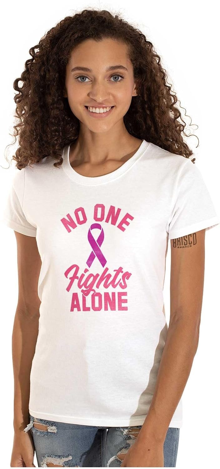 image:imageBreast Cancer No One Fights Alone Womens Slim Fit Graphic TeeWhite