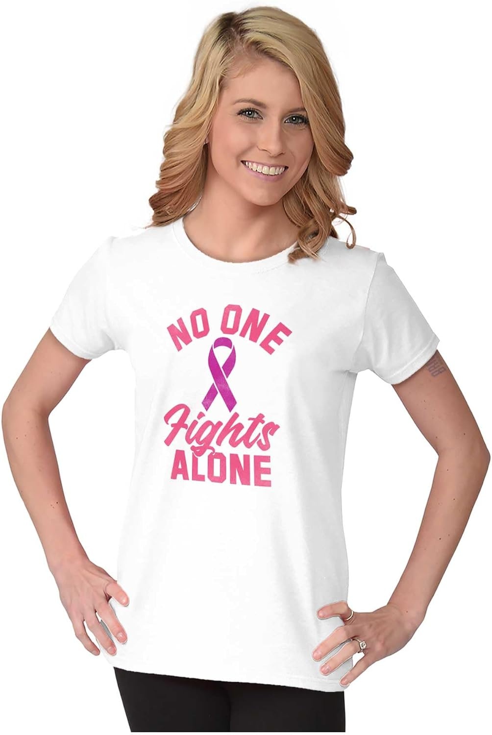 image:imageBreast Cancer No One Fights Alone Womens Slim Fit Graphic TeeWhite