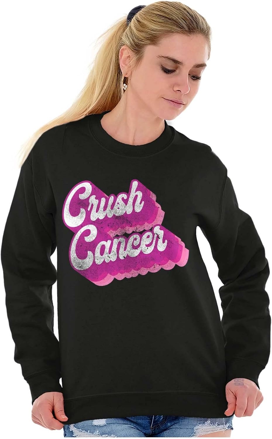 image:imageBrisco Brands Breast Cancer Awareness Crush Cancer Women Crewneck SweatshirtBlack