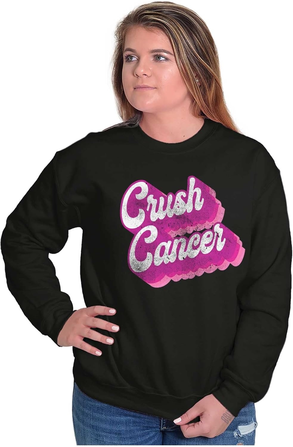 image:imageBrisco Brands Breast Cancer Awareness Crush Cancer Women Crewneck SweatshirtBlack